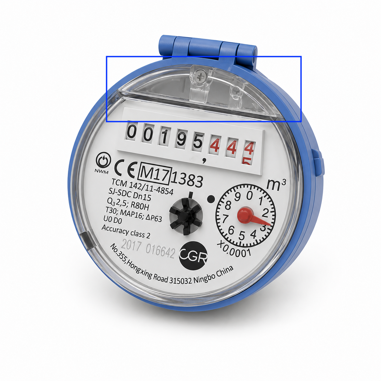 Compteur CGR 5502 avec la partie supérieure du couvercle (au-dessus du totalisateur, fixée par deux vis) encadrée en bleu