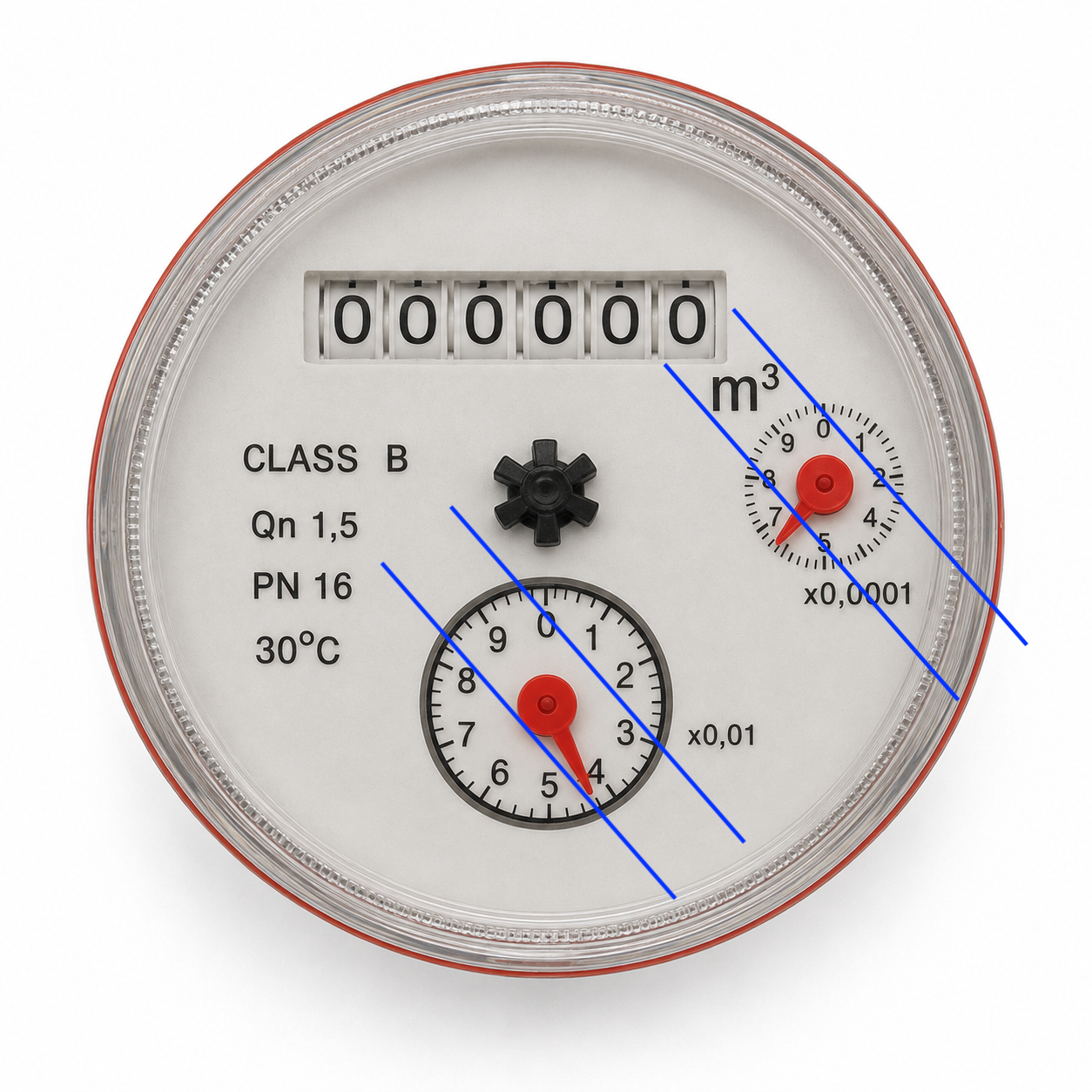 Vue de dessus du totalisateur du compteur CGR 5505 — lignes bleues reliant chaque aiguille (« x 0,01 » et « x 0,0001 ») au logement correspondant sur le pourtour du totalisateur