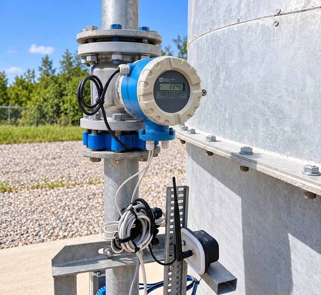 Exemple d'installation terminée : débitmètre Endress+Hauser Promag 30 et module Willie fixé sur un support à côté du débitmètre