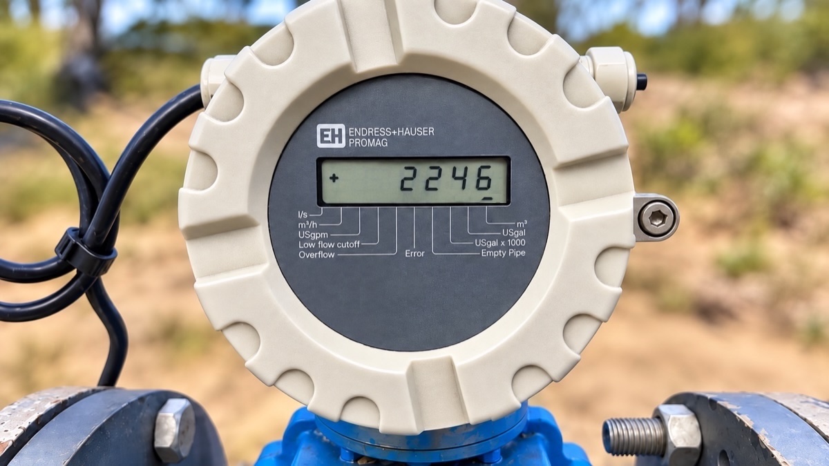 Écran d'un Promag 30 affichant le volume total, + 2246, avec le repère allumé sous m³