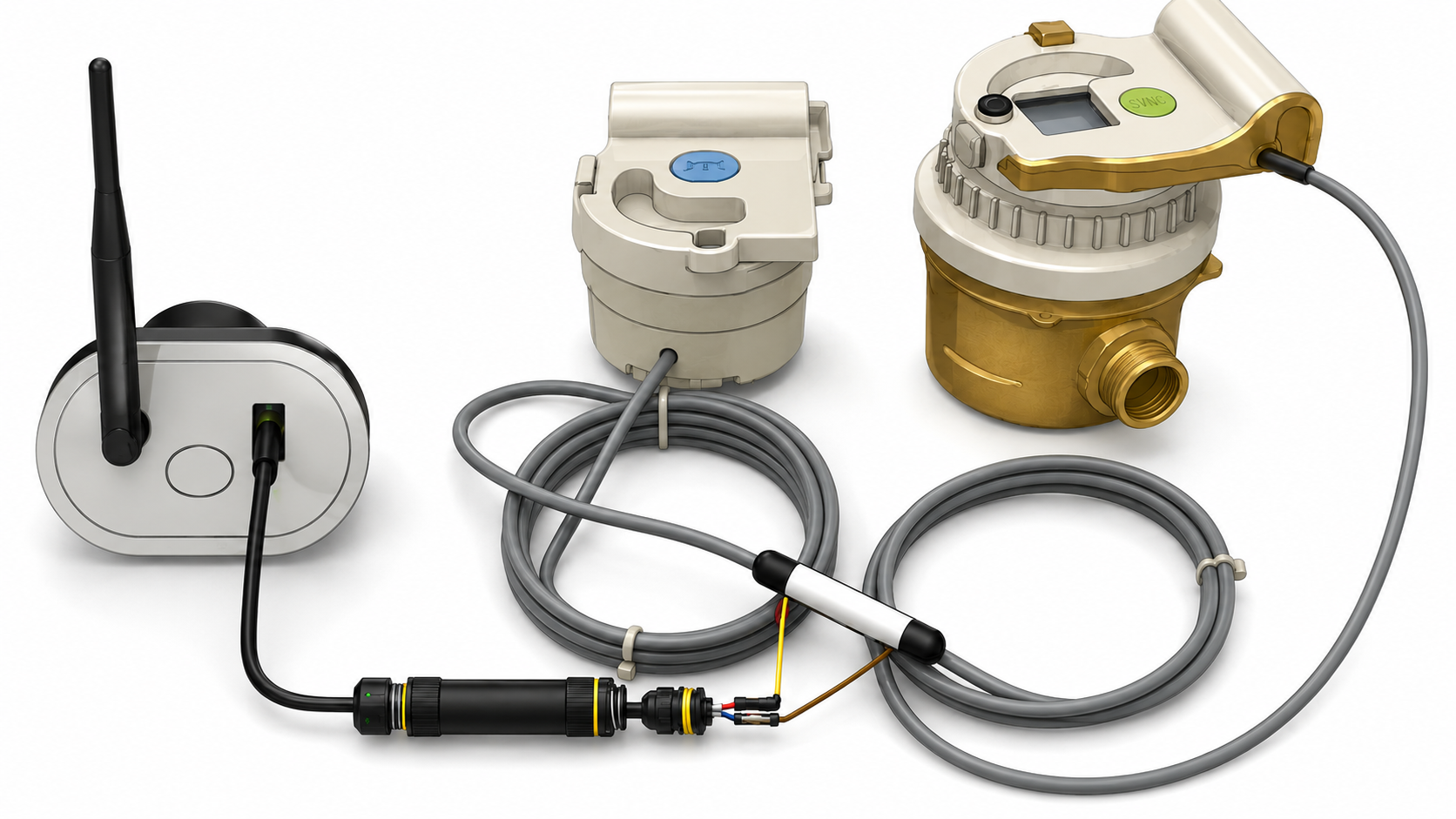 Compteur Diehl avec nouvel émetteur, module Diehl Dock, émetteur Diehl d'origine, module Willie et antenne