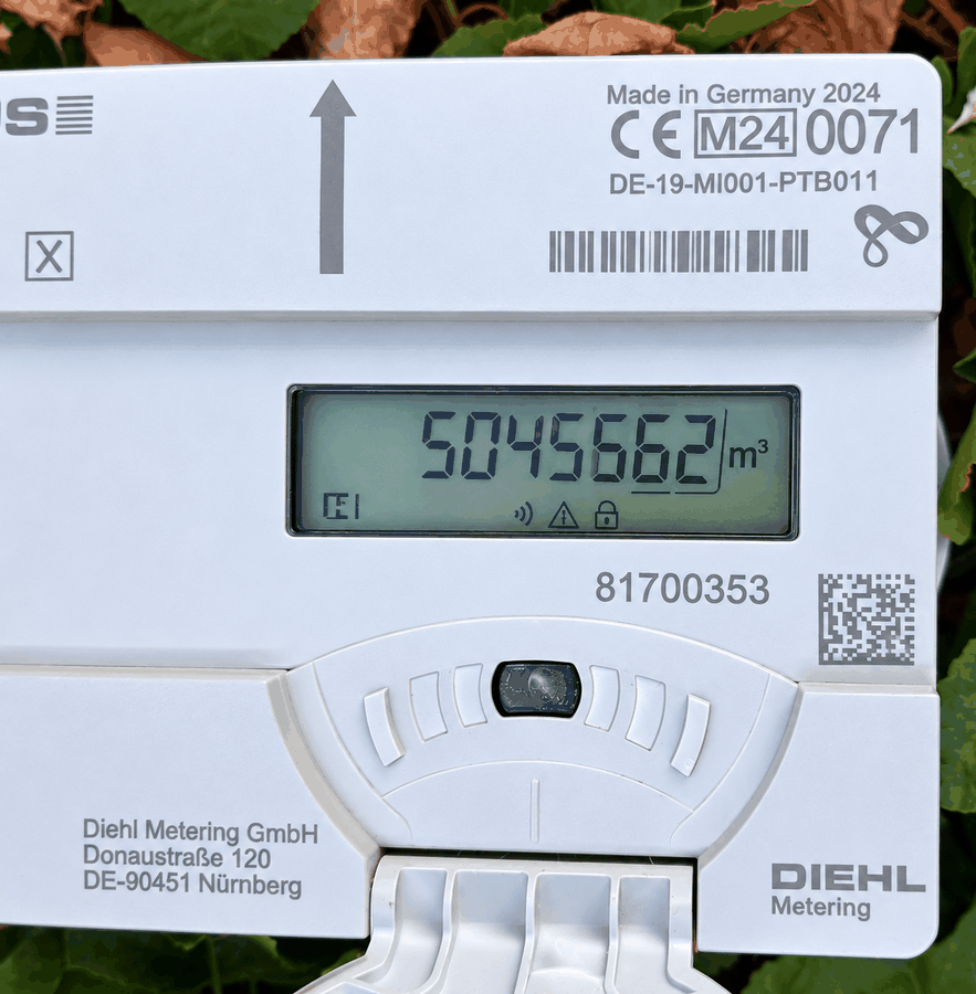 Écran d'un compteur Diehl Hydrus affichant le volume total en mètres cubes