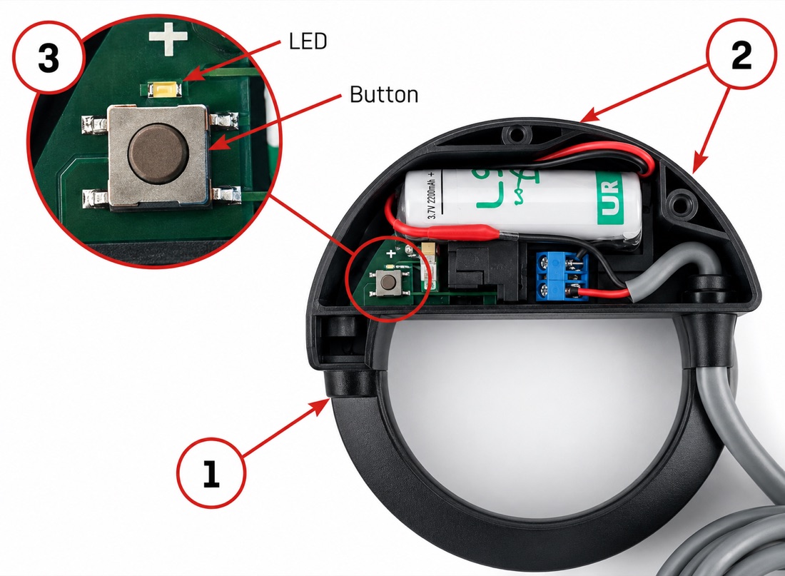 Activation de la sortie impulsion : bouton ③ sur le circuit imprimé et affichage « PULSE ON » sur le compteur