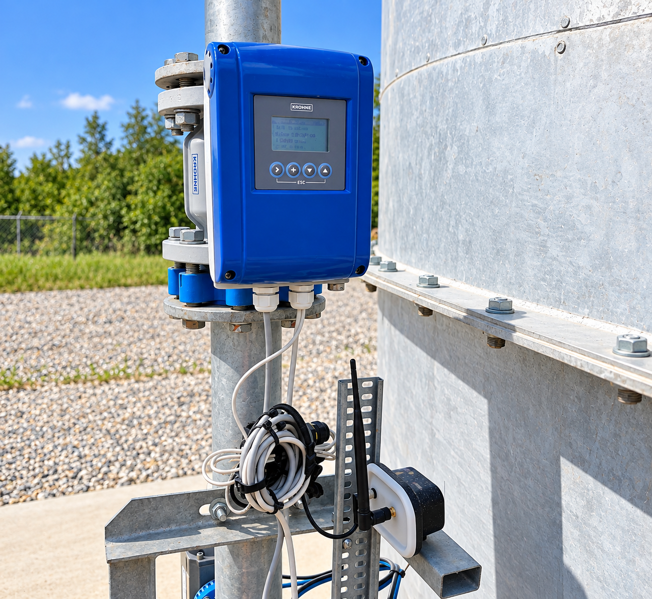 Exemple d'installation terminée : débitmètre Krohne, duplicateur d'impulsion et module Willie fixé sur un support
