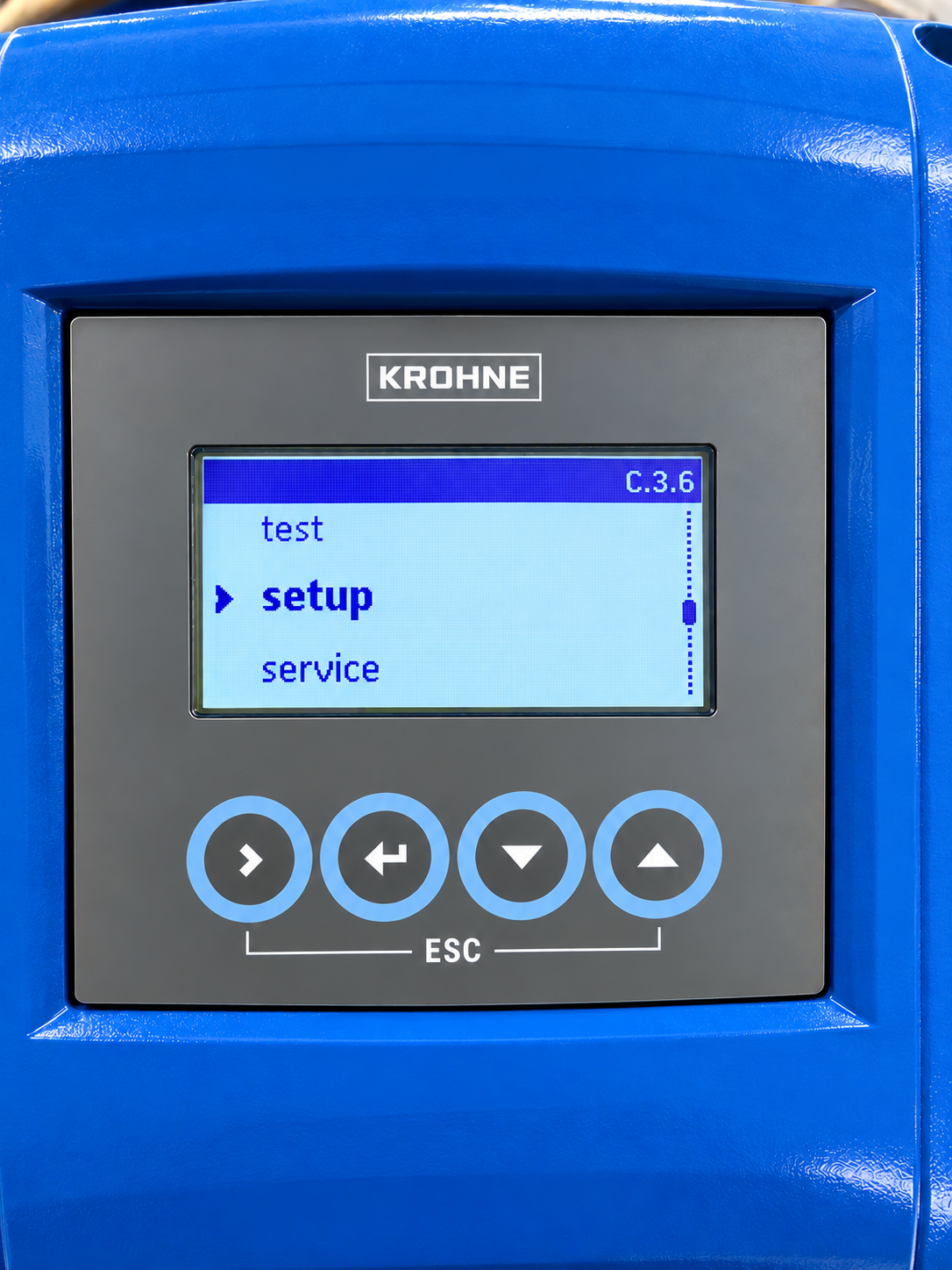 Écran d'un débitmètre Krohne affichant le menu setup