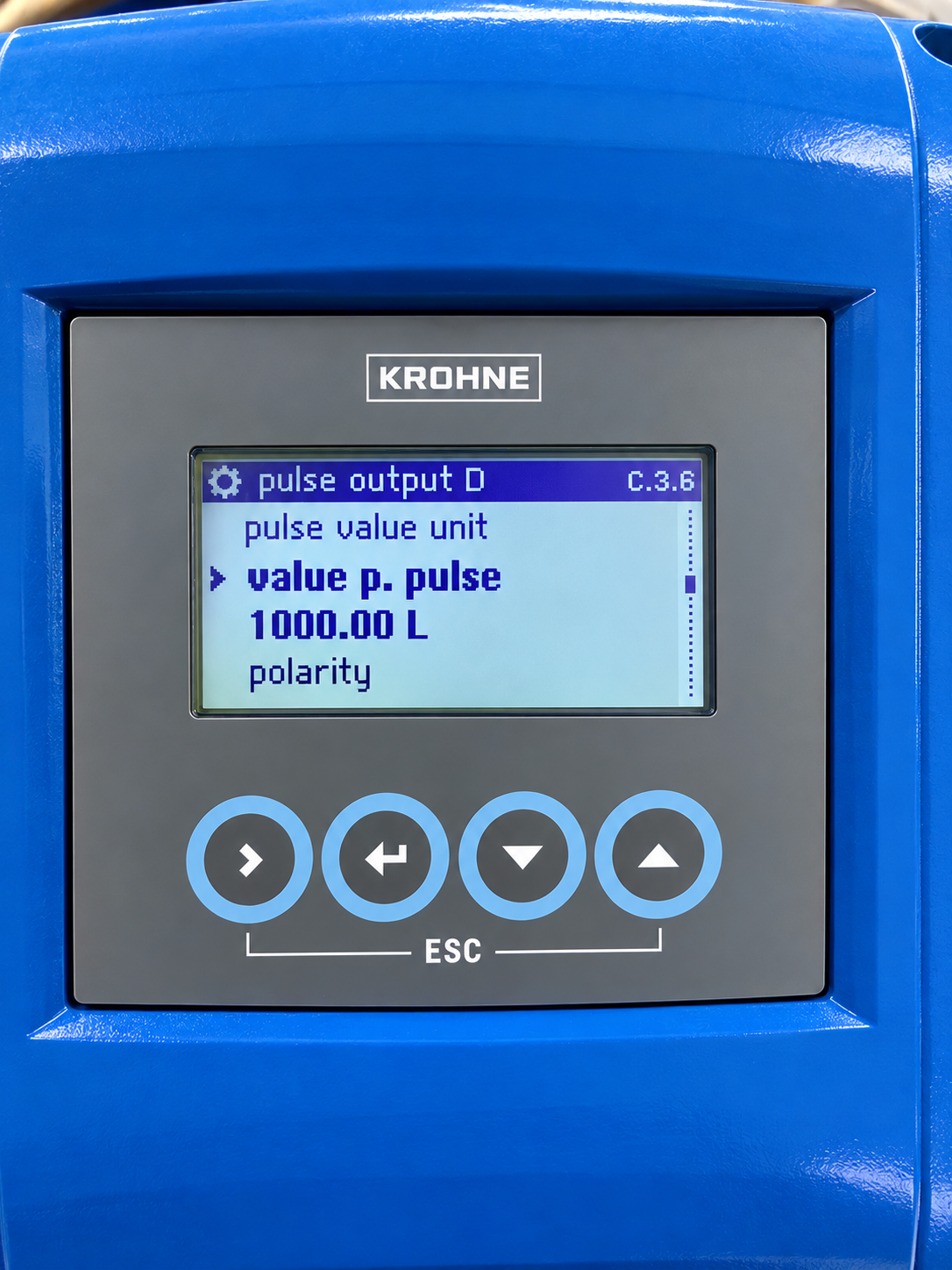 Écran d'un débitmètre Krohne affichant le poids d'impulsion (Value p. Pulse)