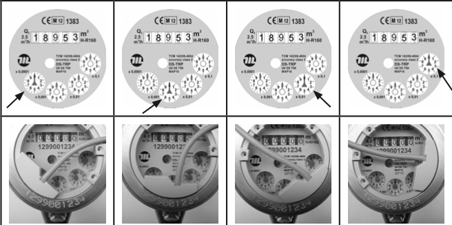 Exemples de positionnement de l'émetteur d'impulsion sur le cadran magnétique selon le type de compteur Maddalena