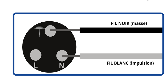 Détail du connecteur montrant les 3 broches avec fil noir (masse) en haut et fil blanc (impulsion) sur N