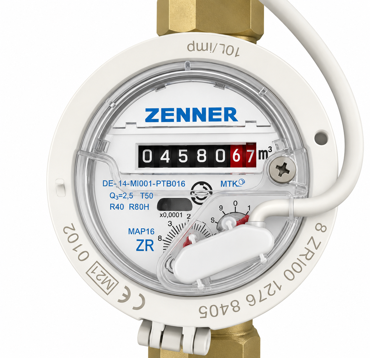 Anneau d'impulsion posé à plat sur le registre d'un compteur Zenner MTK et maintenu par sa vis de fixation